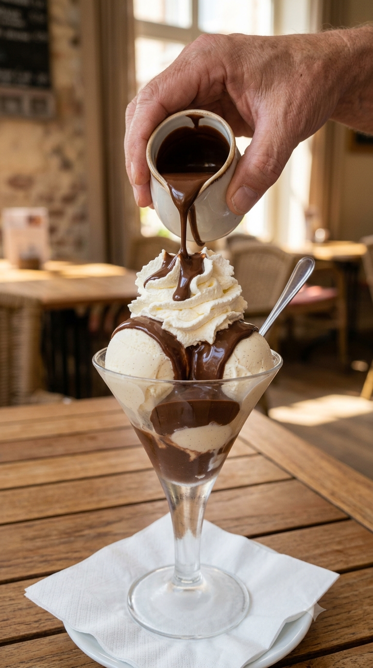 Mains versant la sauce chocolat chaude sur les boules de glace