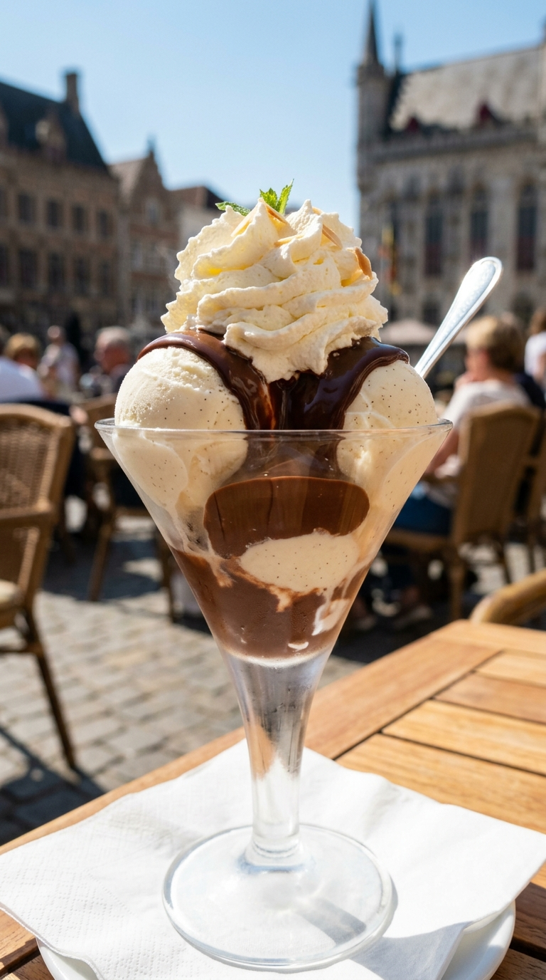 Dame Blanche belge, glace vanille nappée de sauce chocolat chaud