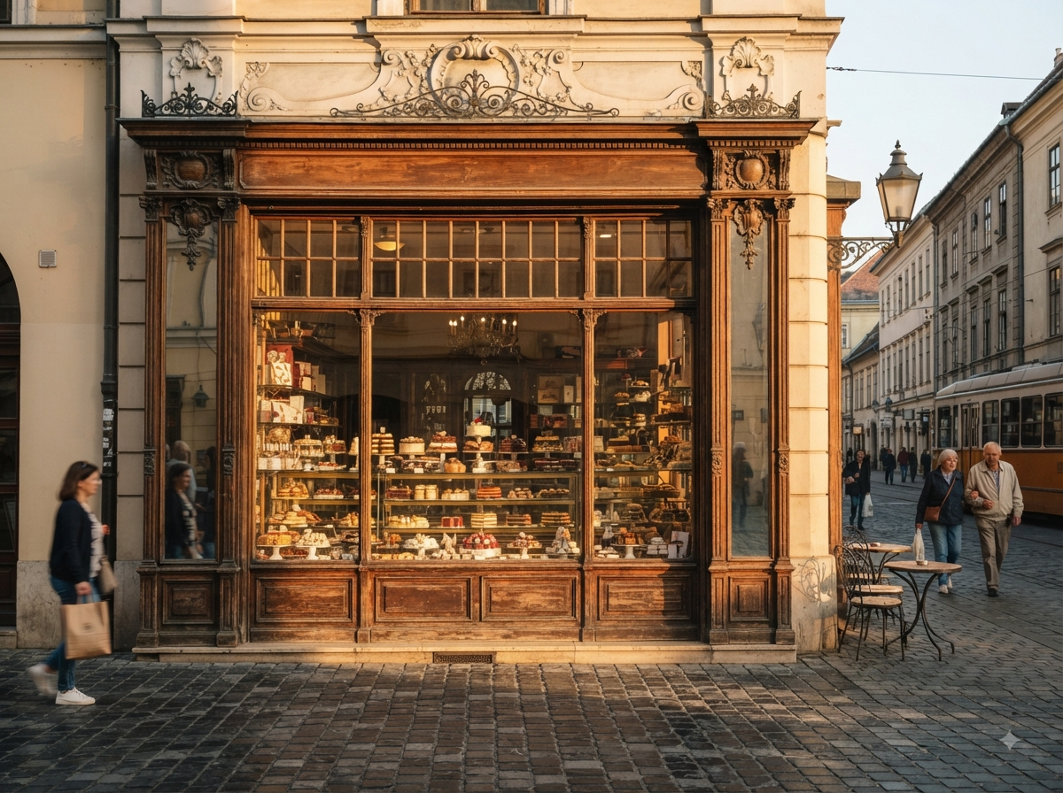 Pâtisserie traditionnelle de Budapest avec vitrine de gâteaux