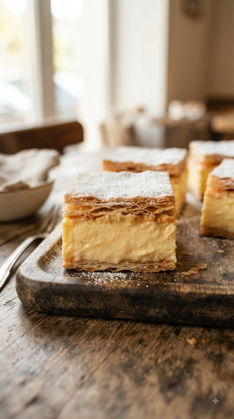 Krémes hongrois, carré de pâte feuilletée et crème pâtissière vanillée