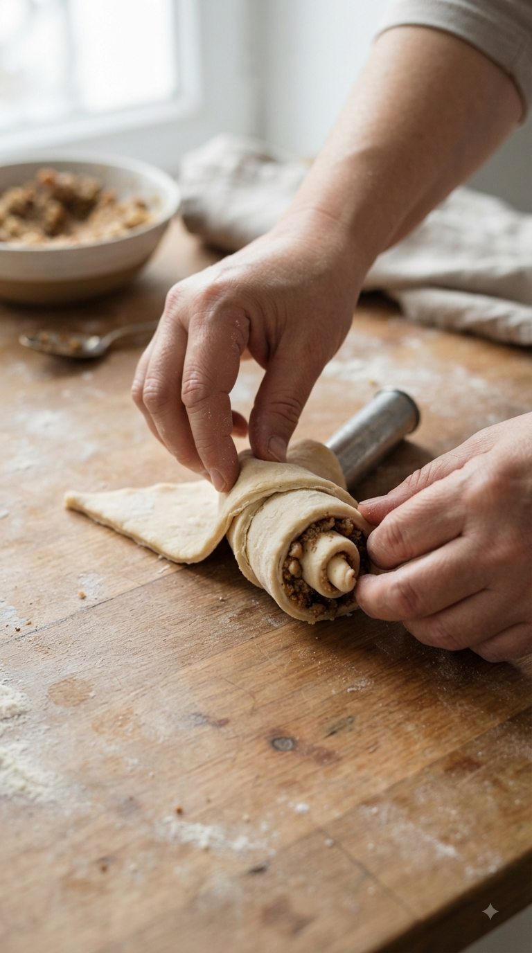 Mains façonnant la pâte en forme de petits croissants