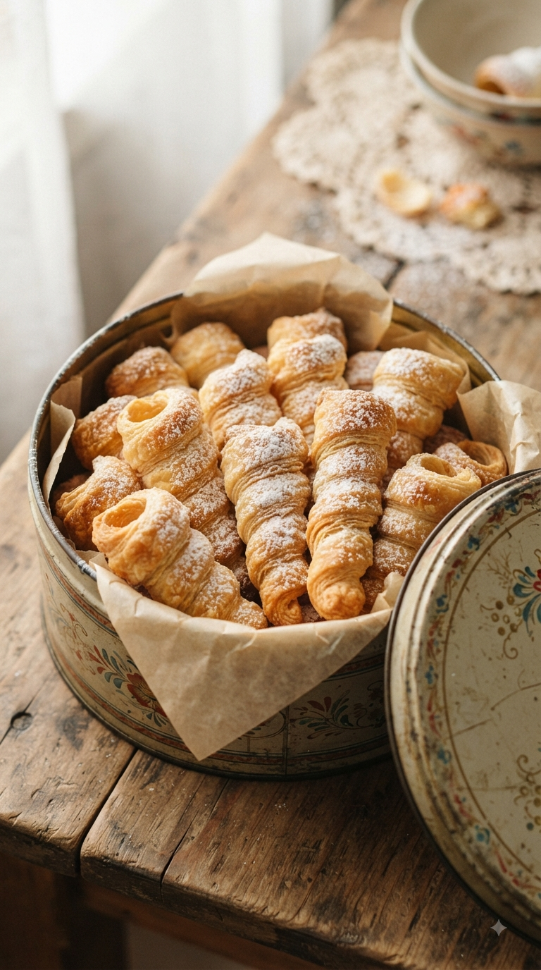 Biscuits au cornet de beurre hongrois roulés dans le sucre glace