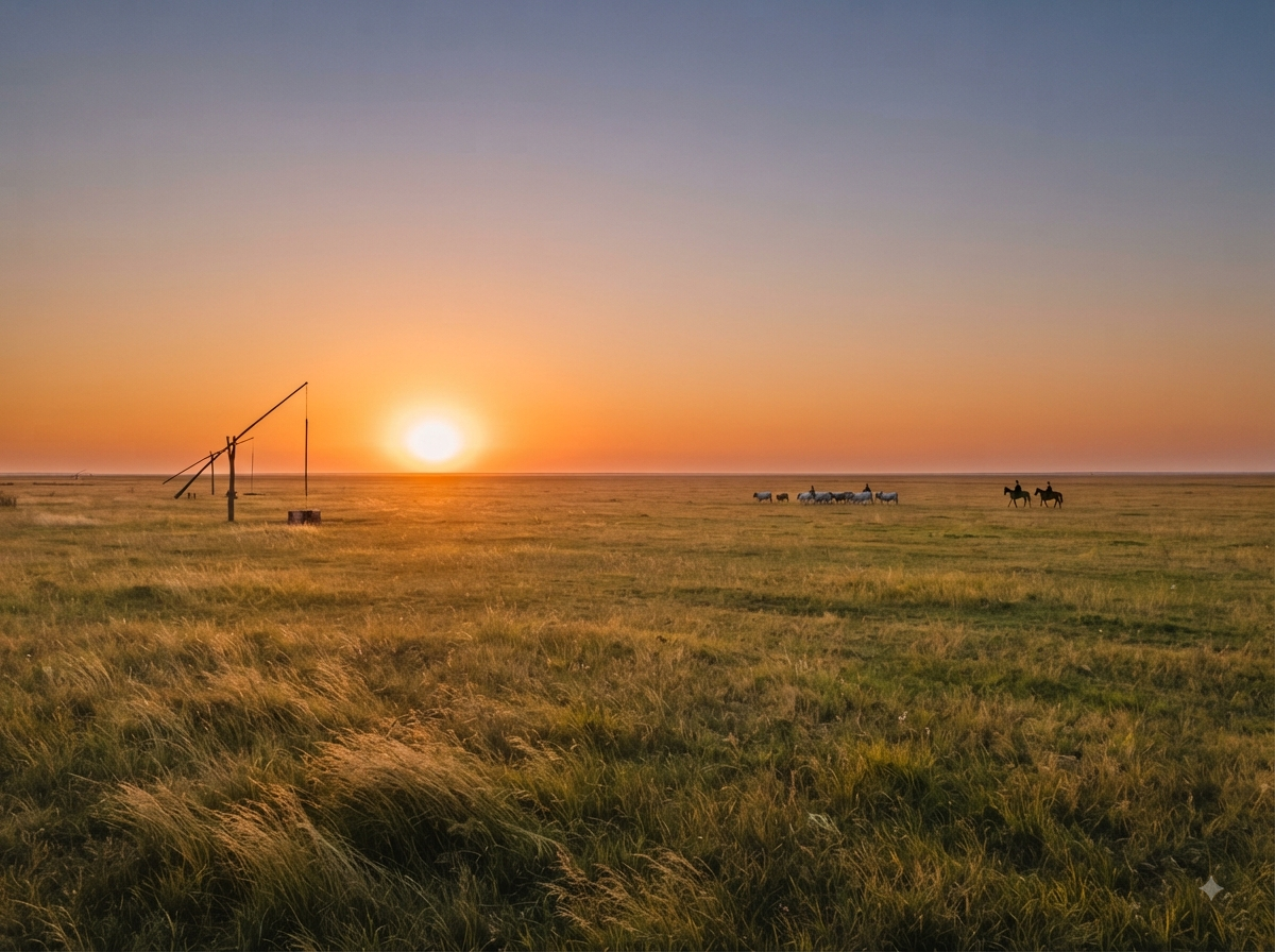 Grande plaine hongroise de la Puszta au coucher du soleil