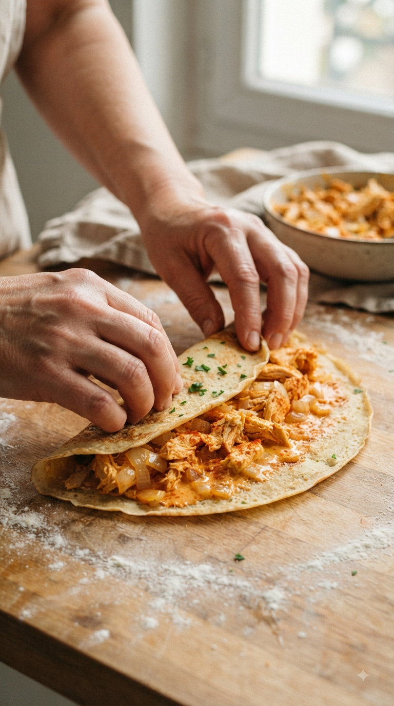 Mains roulant une crêpe autour de la farce de viande au paprika