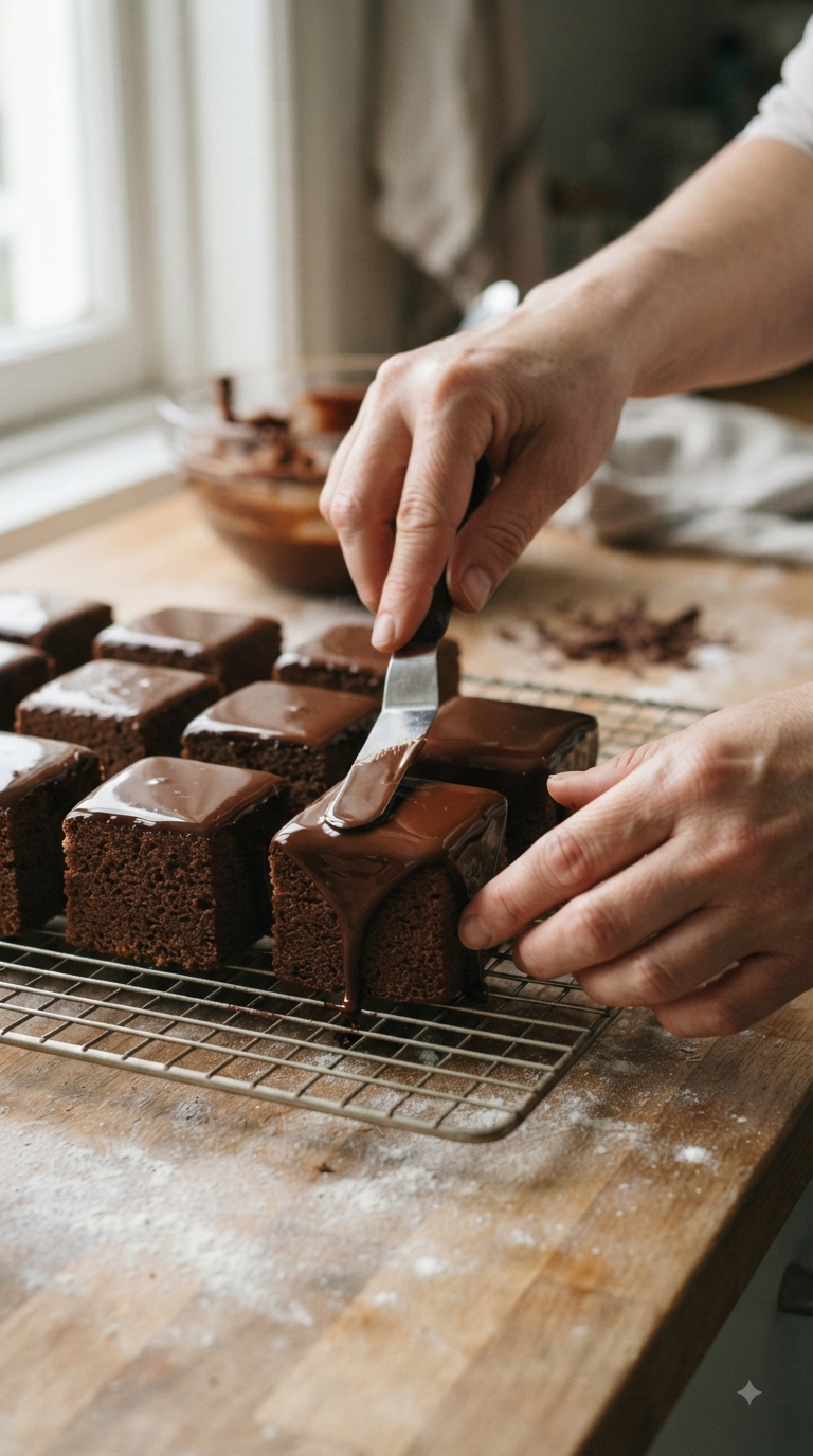 Mains découpant le gâteau en petits cubes réguliers