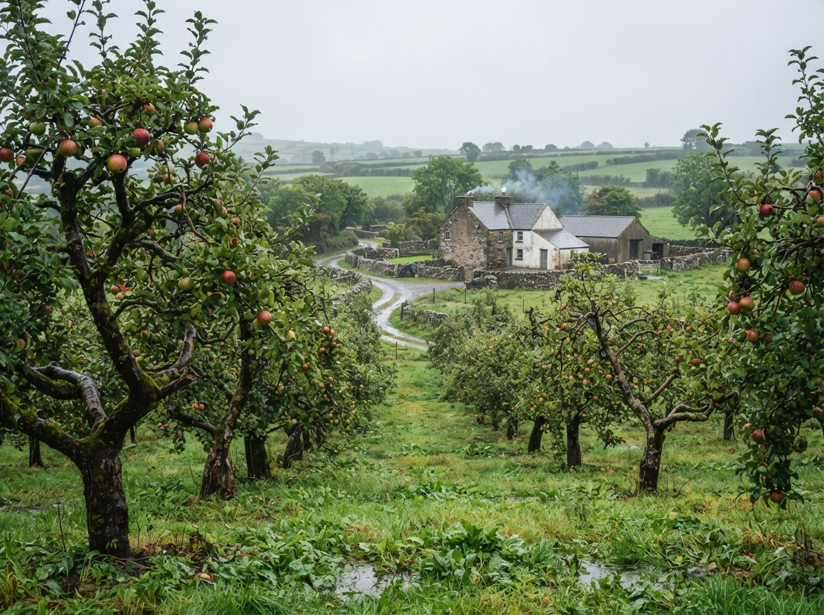 Campagne irlandaise verdoyante avec ferme traditionnelle