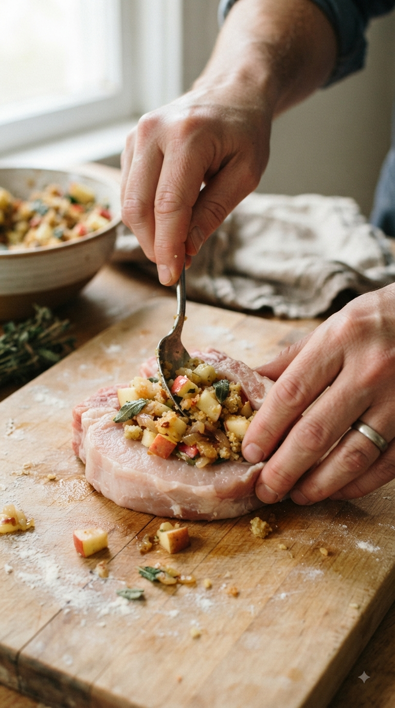 Mains garnissant une côtelette de porc de farce à la mie de pain