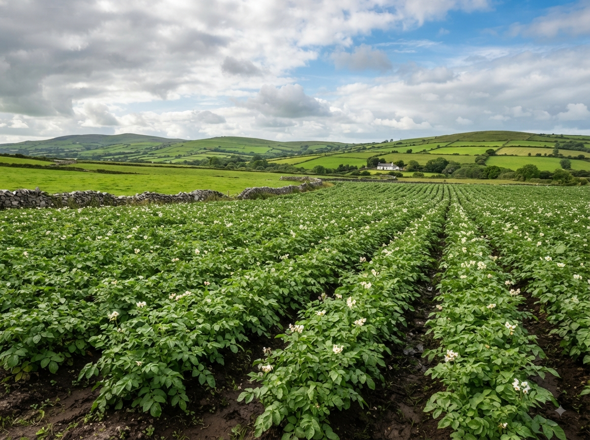 Champ de pommes de terre irlandais sous un ciel changeant