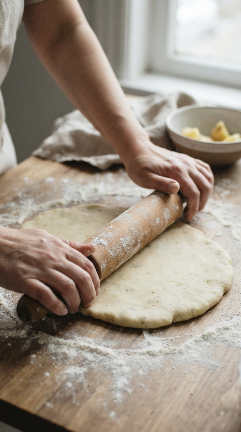 Mains roulant finement la pâte de pommes de terre au rouleau à pâtisserie