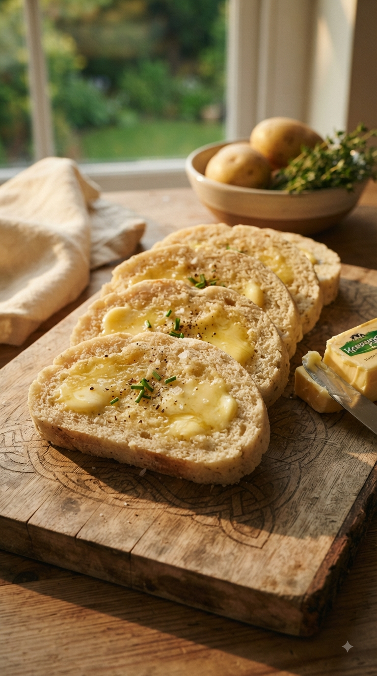 Rouleaux de pommes de terre irlandais coupés en tranches, beurre fondu