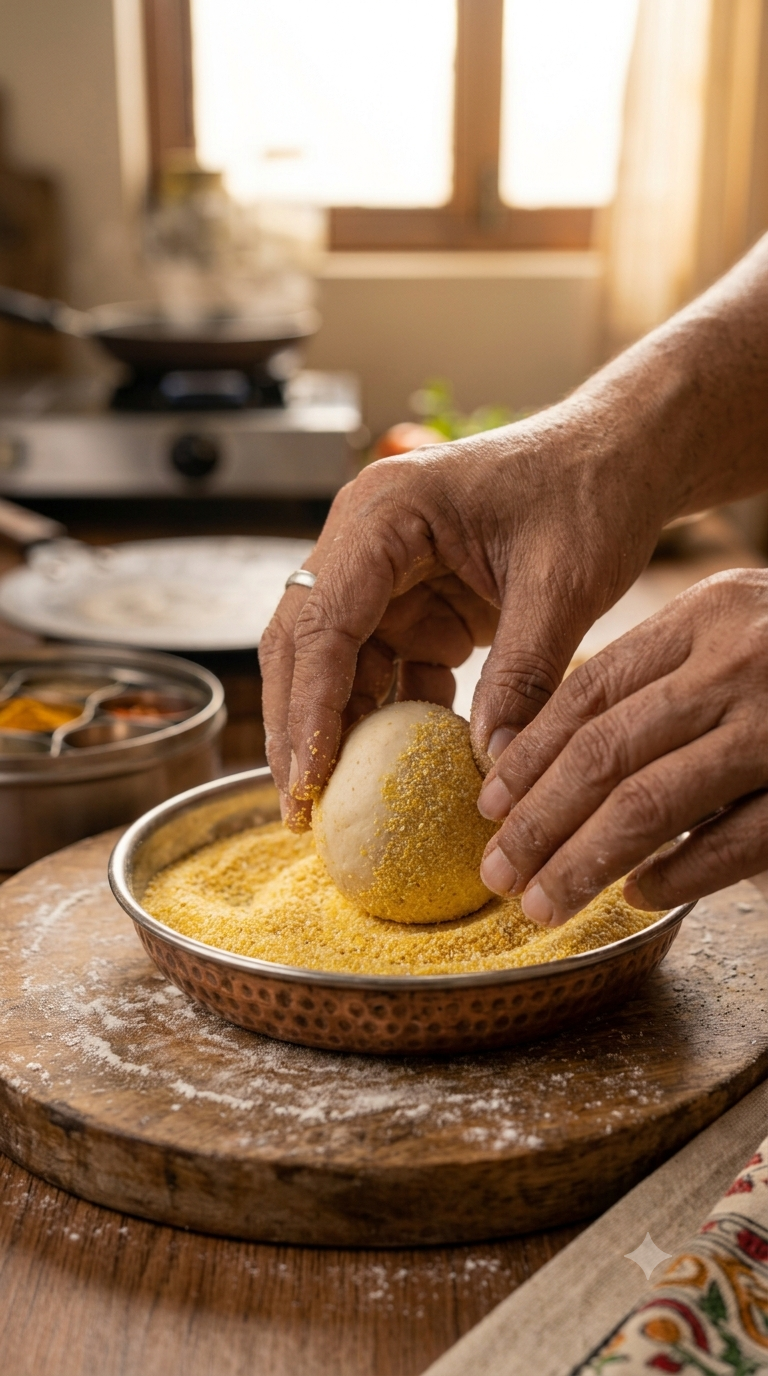 Mains roulant une boule de pâte dans de la semoule de maïs jaune
