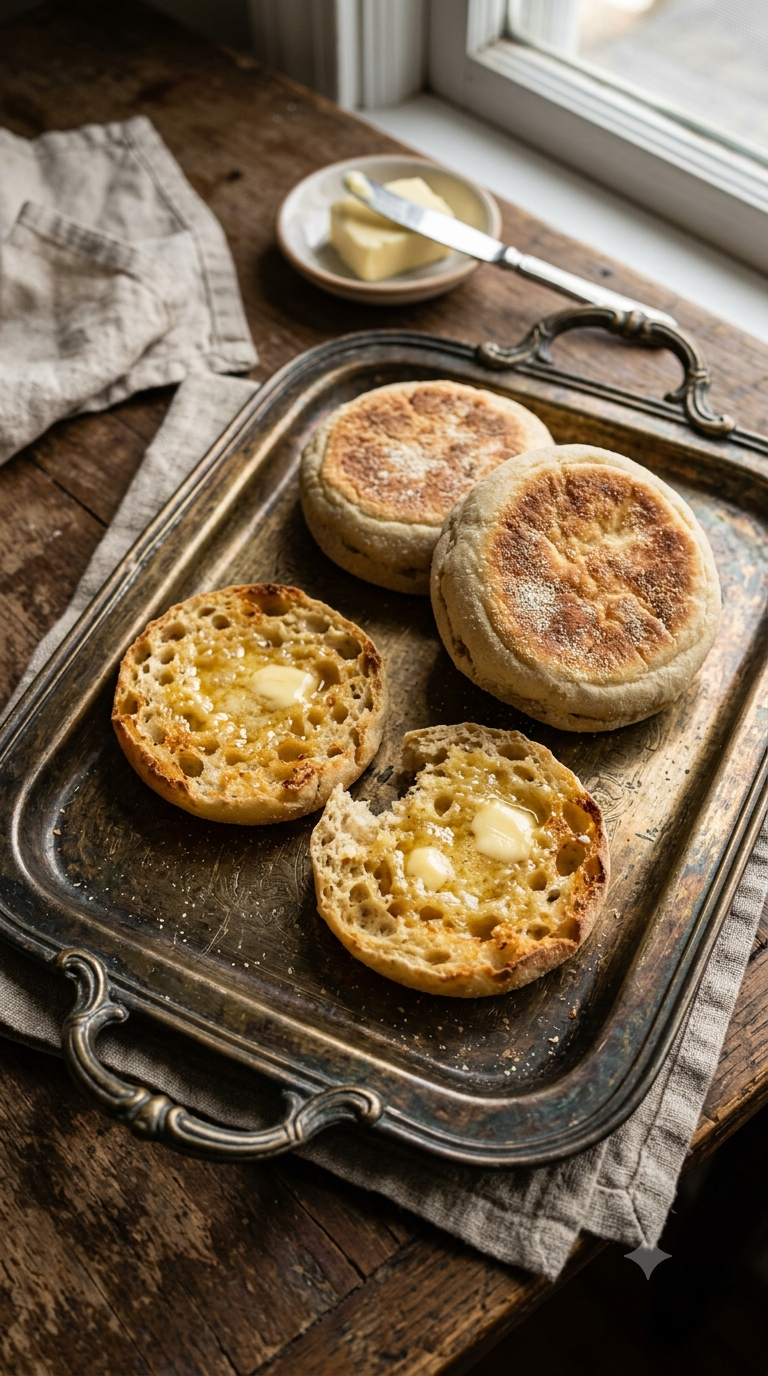 Muffins anglais toastés et beurrés sur un plateau ancien en métal patiné