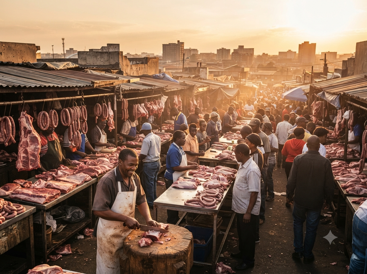 Marché de Johannesburg avec étals de viande traditionnels