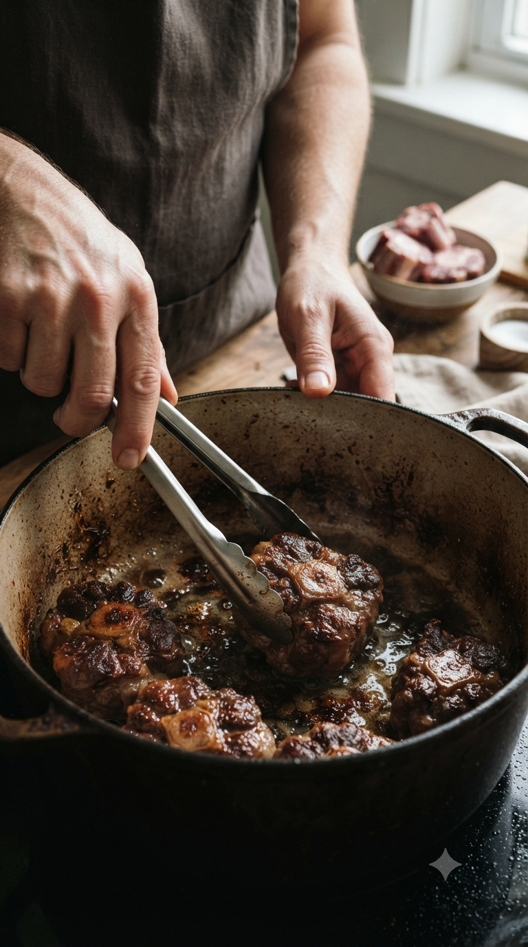 Mains saisissant des morceaux de queue de bœuf dans une cocotte chaude