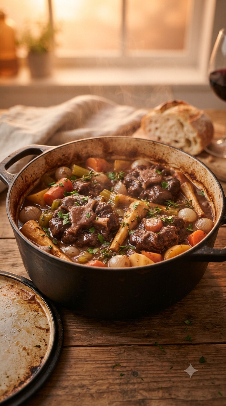 Ragoût de queue de bœuf servi dans une cocotte en fonte ouverte
