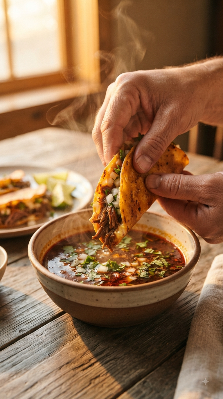 Mains trempant un taco de birria dans le consommé