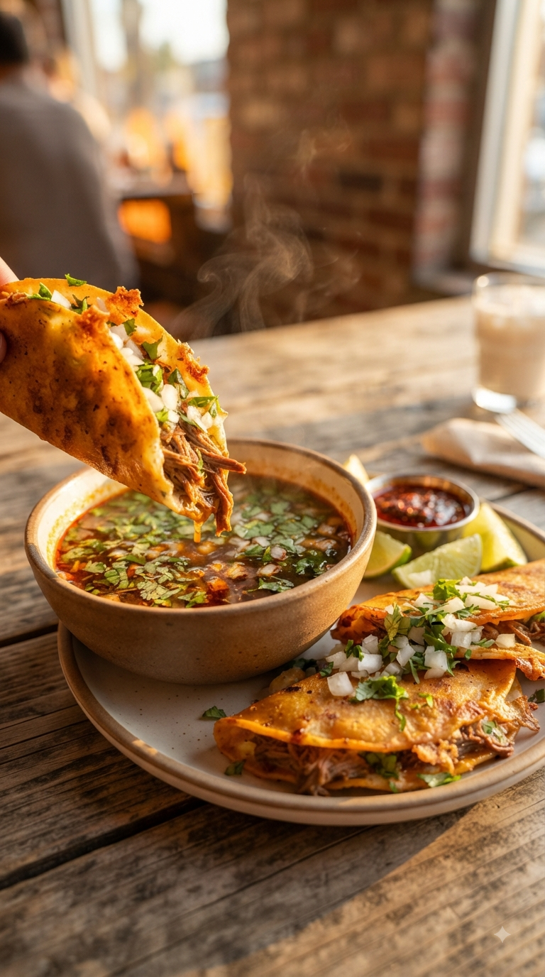 Tacos de birria croustillants trempés dans le consommé fumant