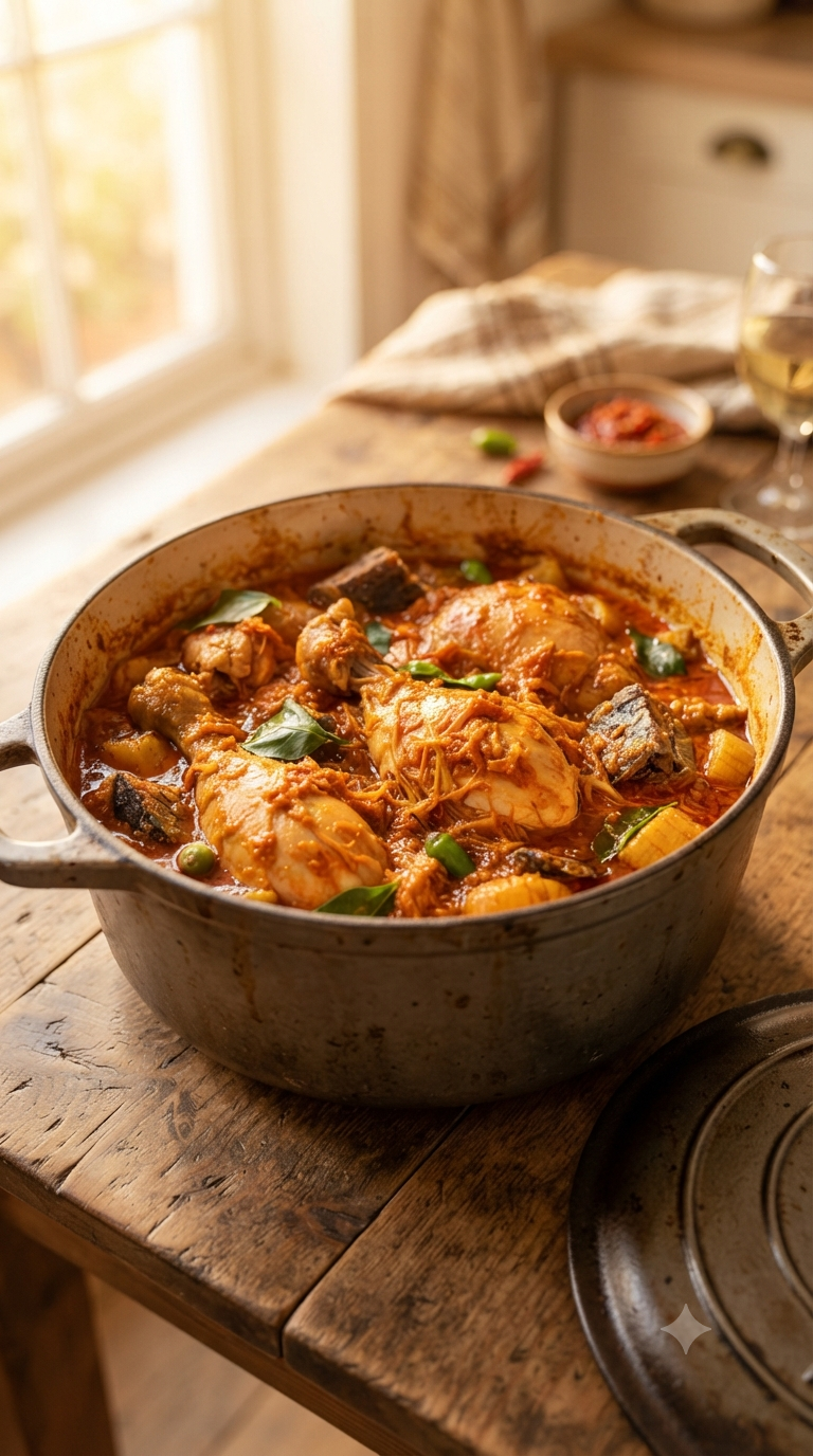 Poulet moambe servi dans une cocotte congolaise, sauce orangée épaisse