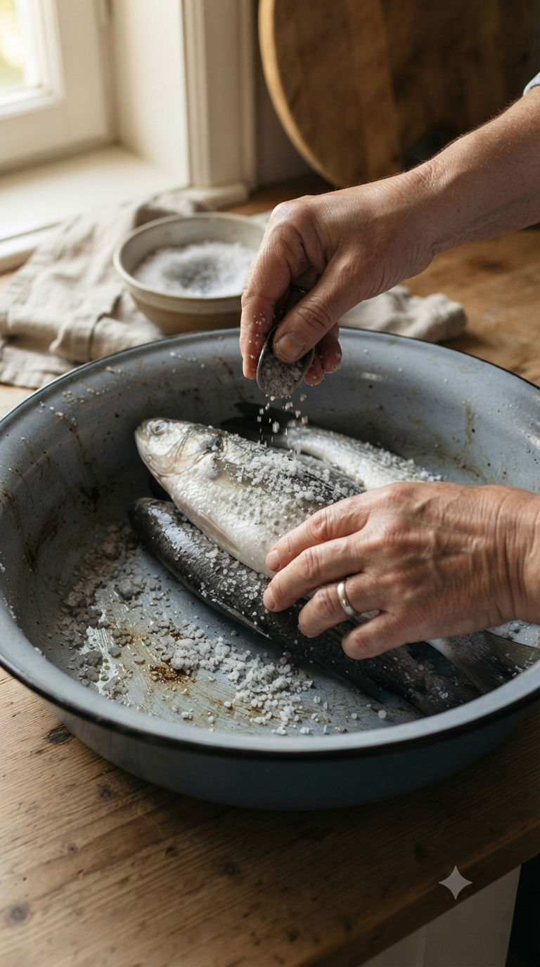 Mains salant généreusement un poisson mulet entier