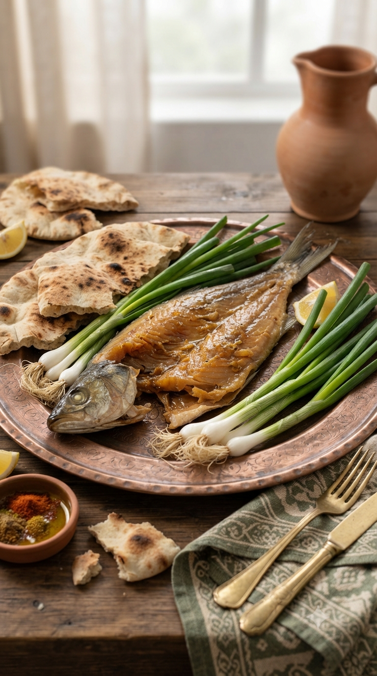 Fesikh égyptien présenté sur un plat en cuivre traditionnel