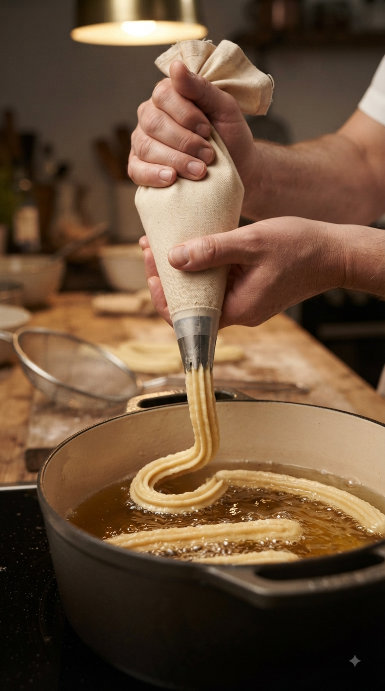 Mains pochant la pâte à churros dans l’huile chaude