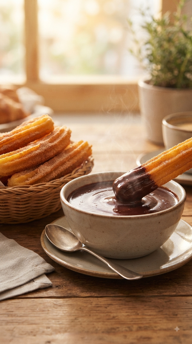 Churros dorés et striés trempés dans un chocolat chaud épais
