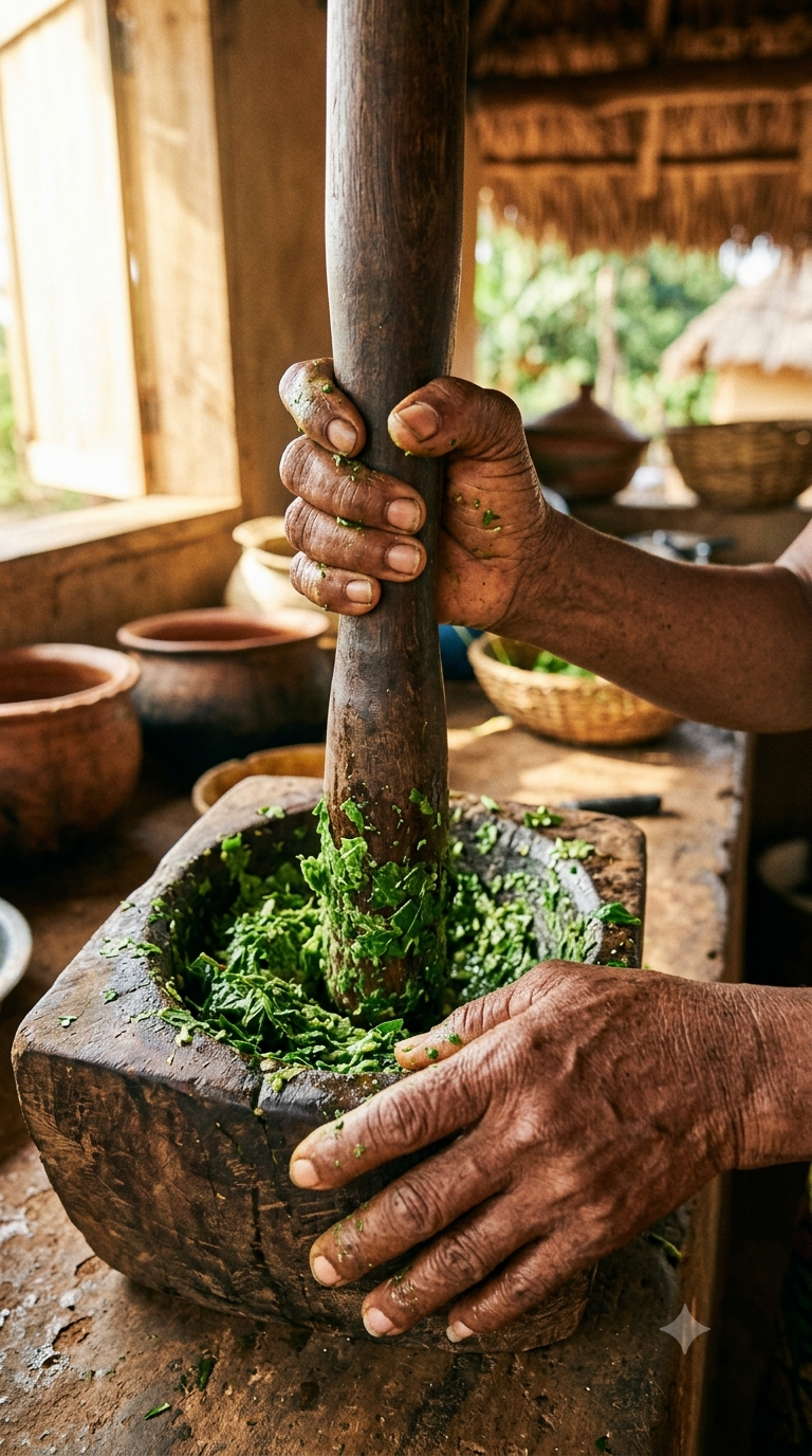 Mains pilant finement des jeunes feuilles de manioc dans un mortier traditionnel
