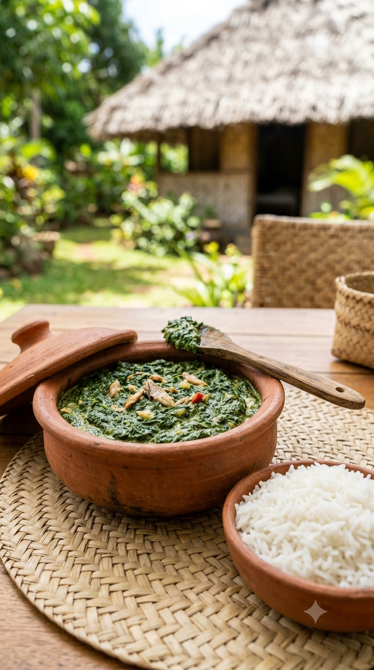 Mataba servi avec riz blanc, texture verte onctueuse au lait de coco