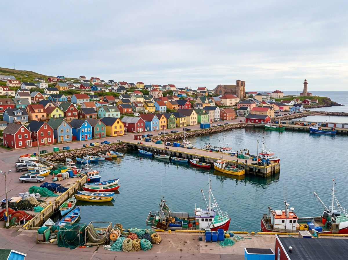 Port de pêche coloré de Saint-Pierre avec maisons de style franco-canadien