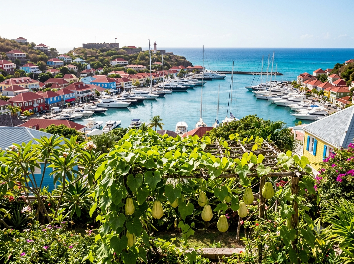 Port de Gustavia à Saint-Barthélemy avec yachts et maisons créoles