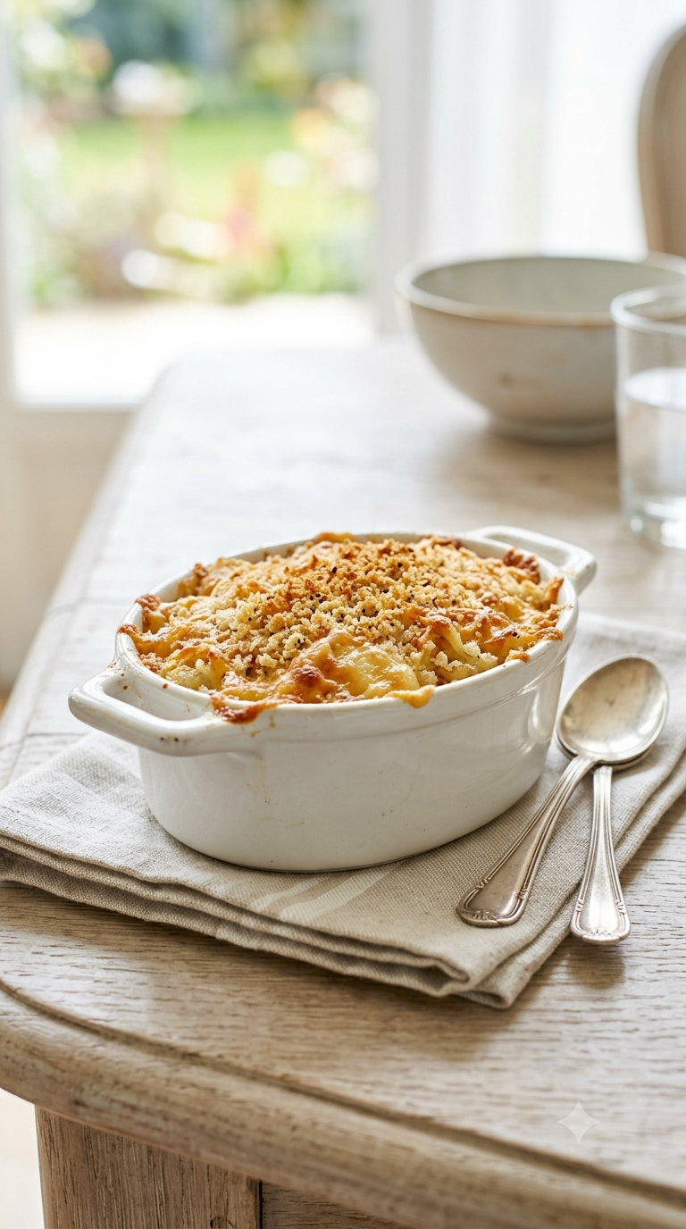Gratin de christophine doré sorti du four dans un plat individuel