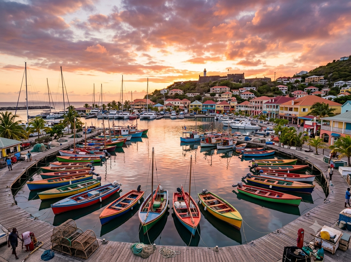 Marina de Marigot à Saint-Martin avec bateaux de pêche colorés