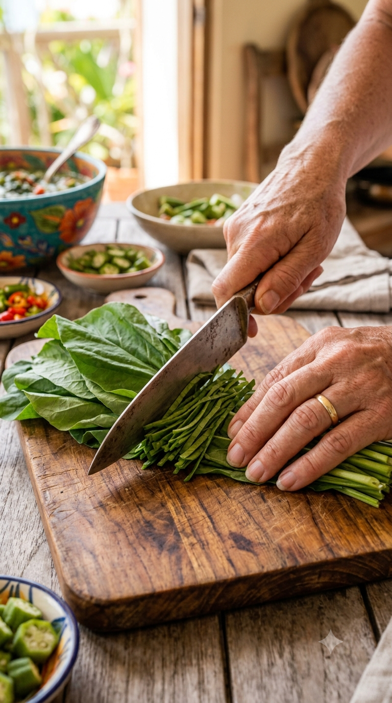 Mains ciselant des feuilles vertes tropicales sur une planche à découper