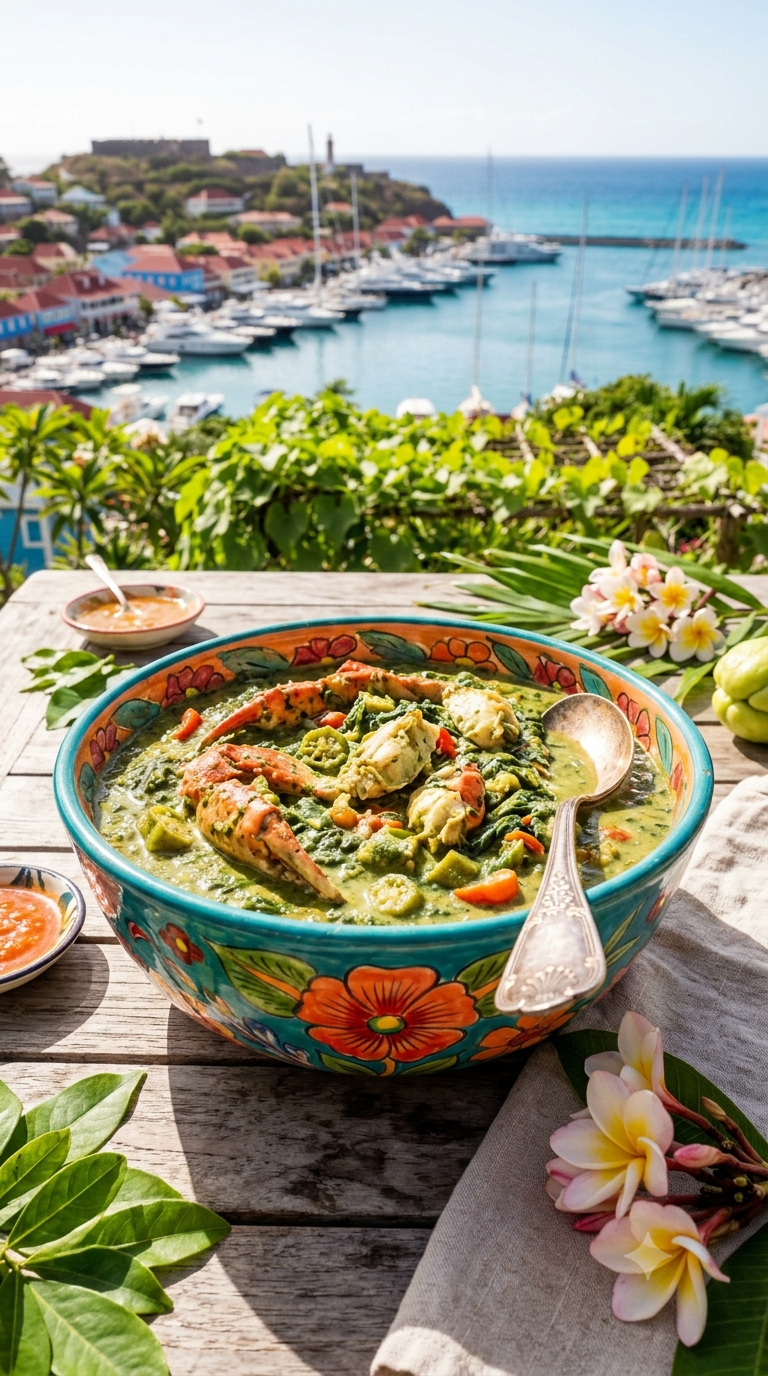 Callaloo créole servi dans un bol en céramique créole colorée