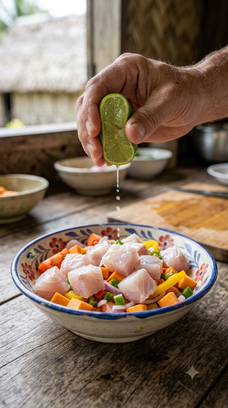 Main pressant un citron vert au-dessus de dés de poisson blanc frais dans un bol