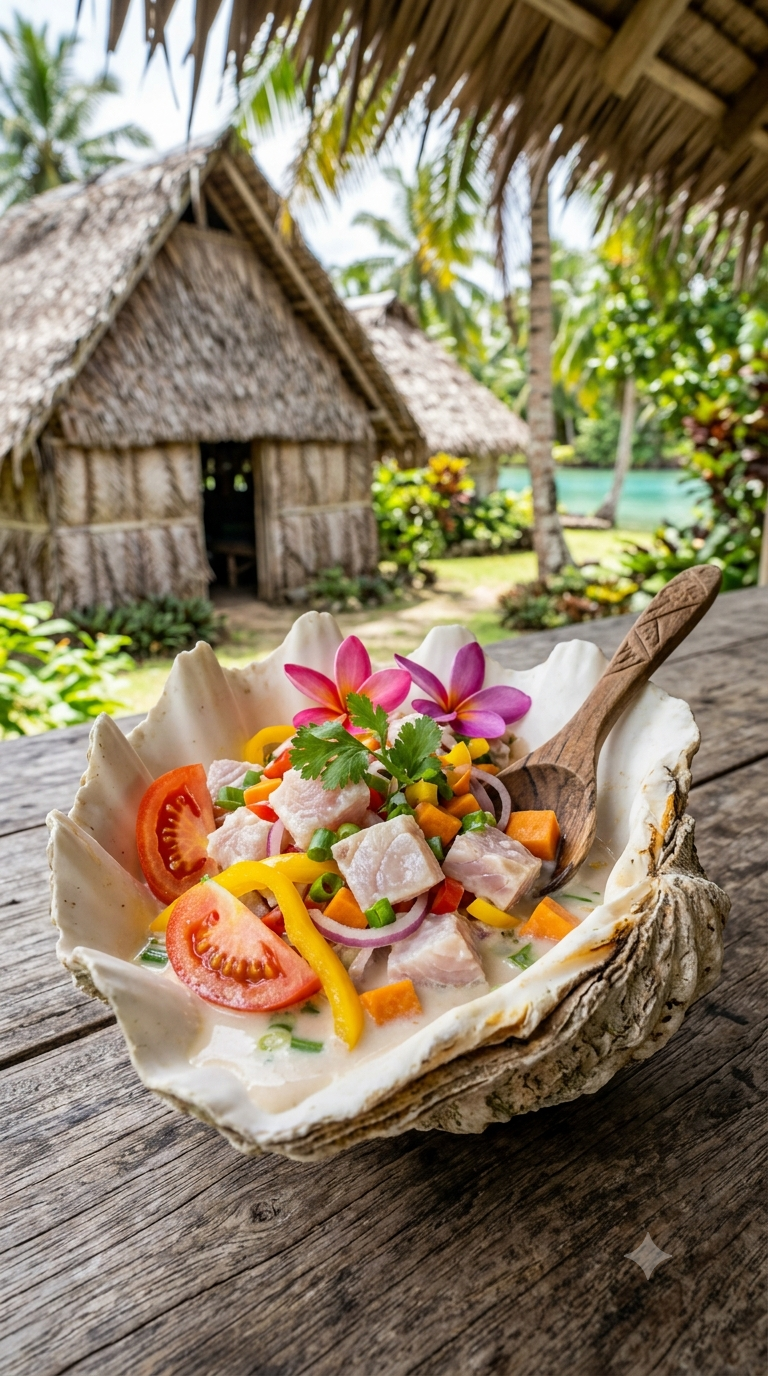 Poisson cru au lait de coco wallisien servi dans une coquille de bénitier