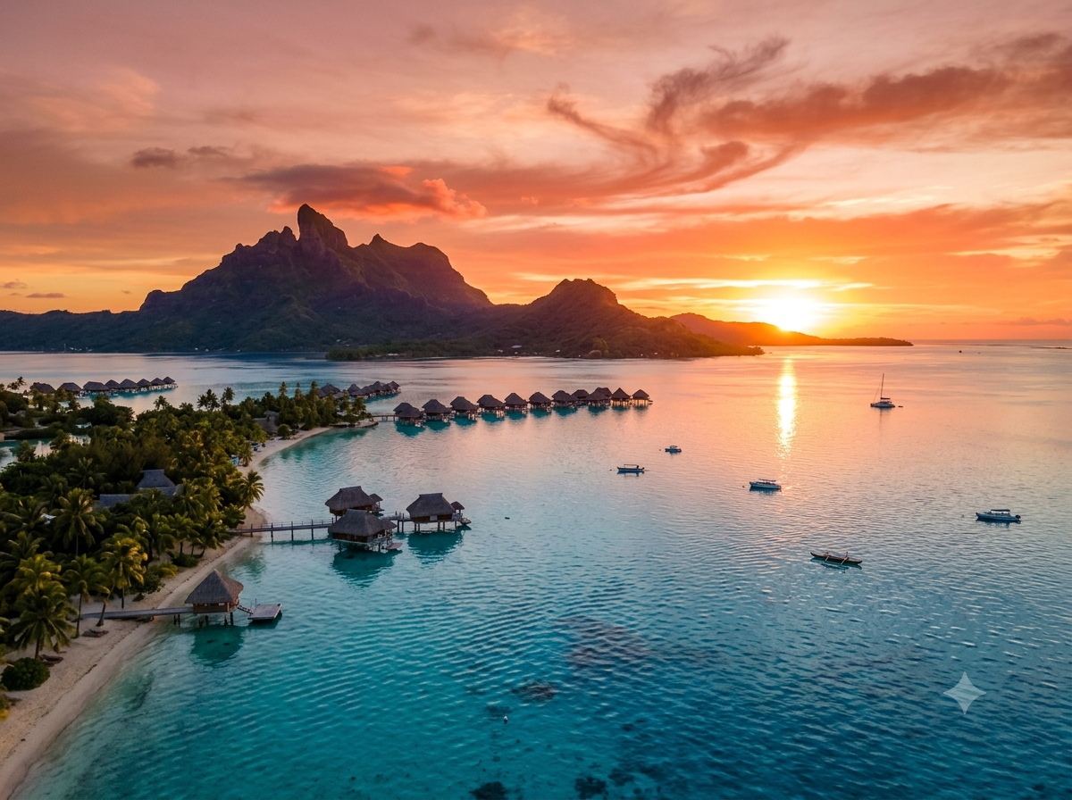 Lagon de Bora-Bora avec montagnes volcaniques en arrière-plan