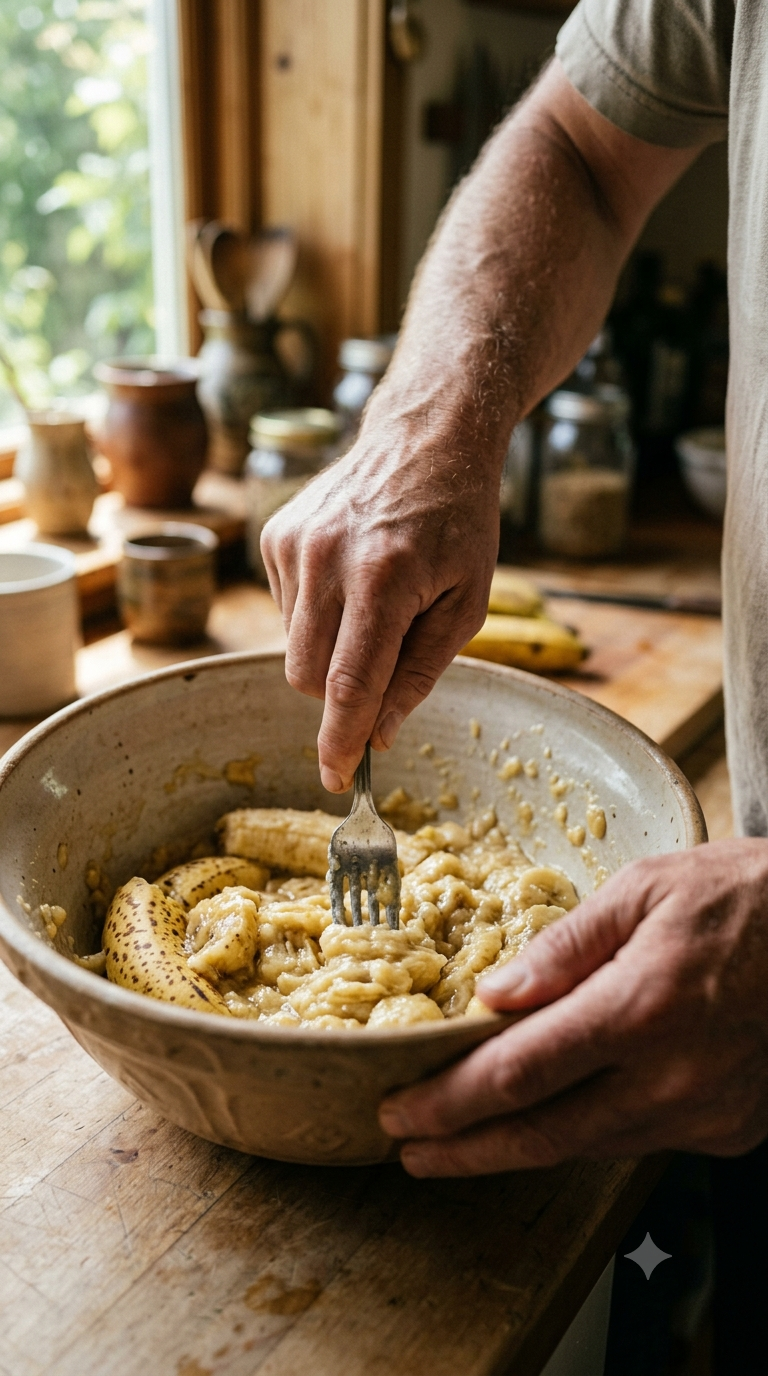 Mains écrasant des bananes mûres à la fourchette dans un grand bol