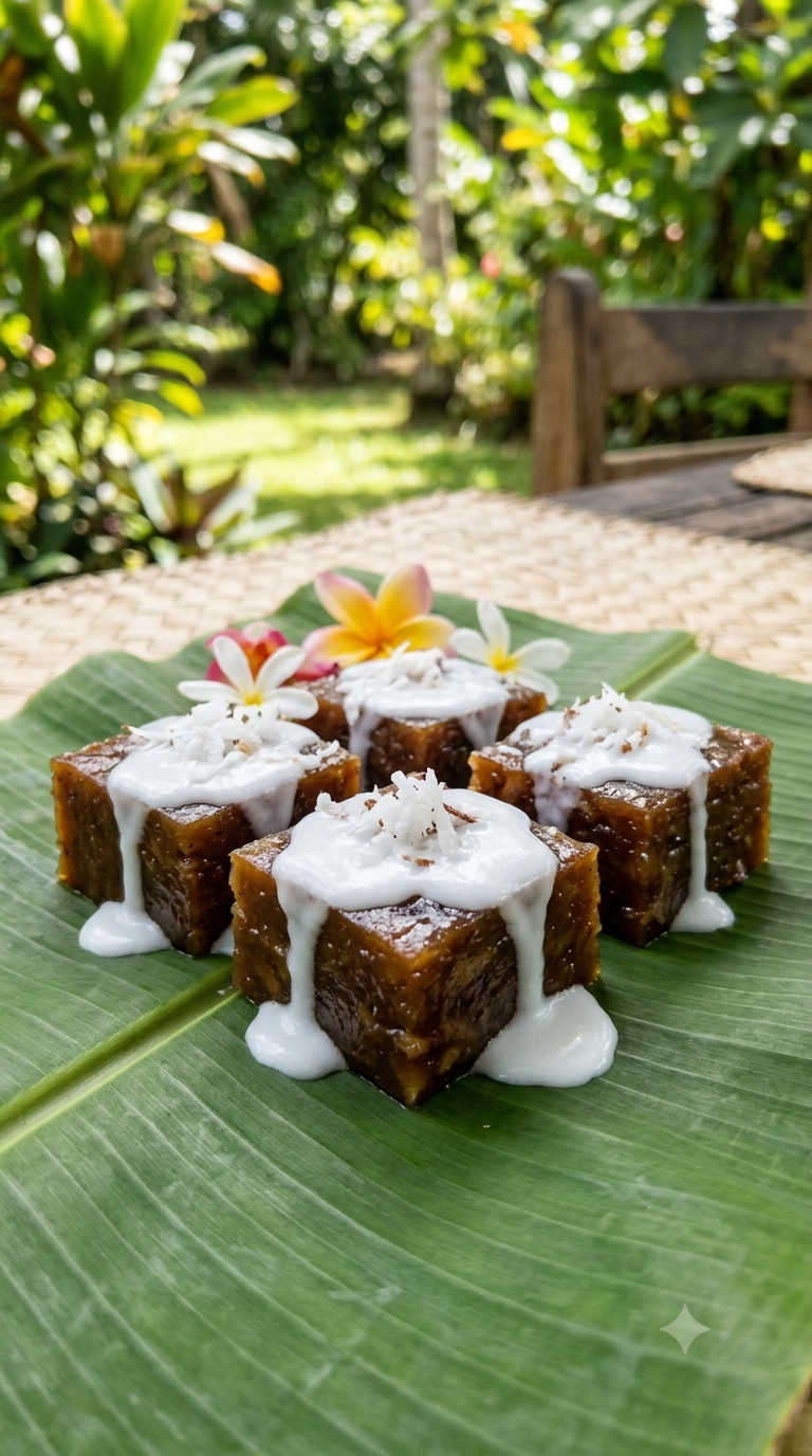 Poe tahitien coupé en portions carrées avec lait de coco nappé sur le dessus