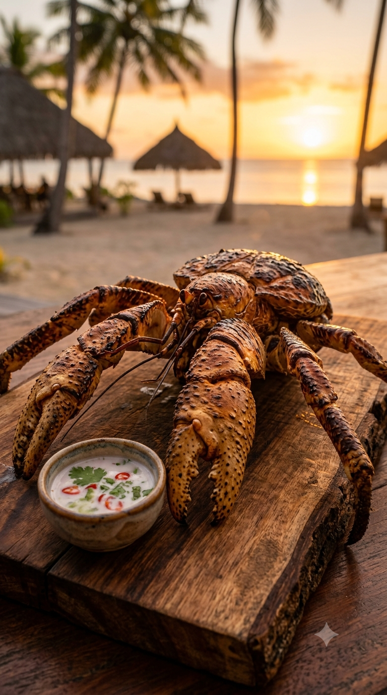Crabe de cocotier grillé servi entier sur une planche en bois de kaori