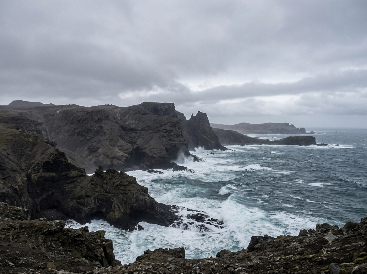 Côtes rocheuses des îles Kerguelen sous un ciel gris et couvert