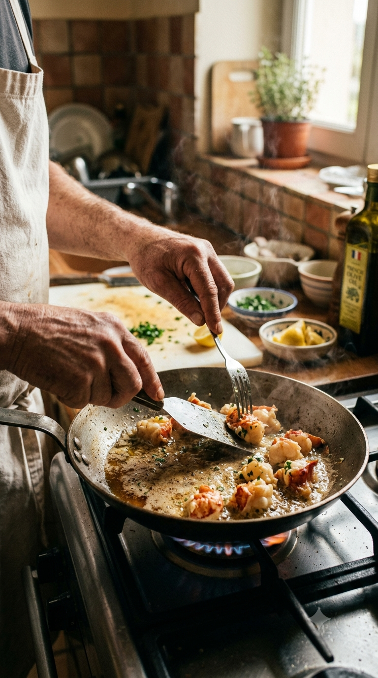 Mains poêlant des morceaux de langouste au beurre dans une poêle simple