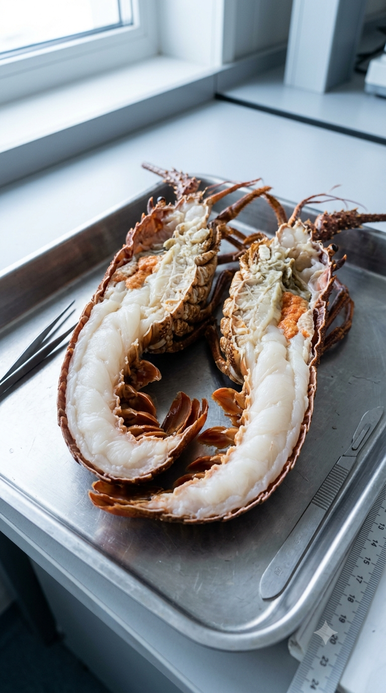 Langouste des Kerguelen coupée en deux, chair blanche et ferme