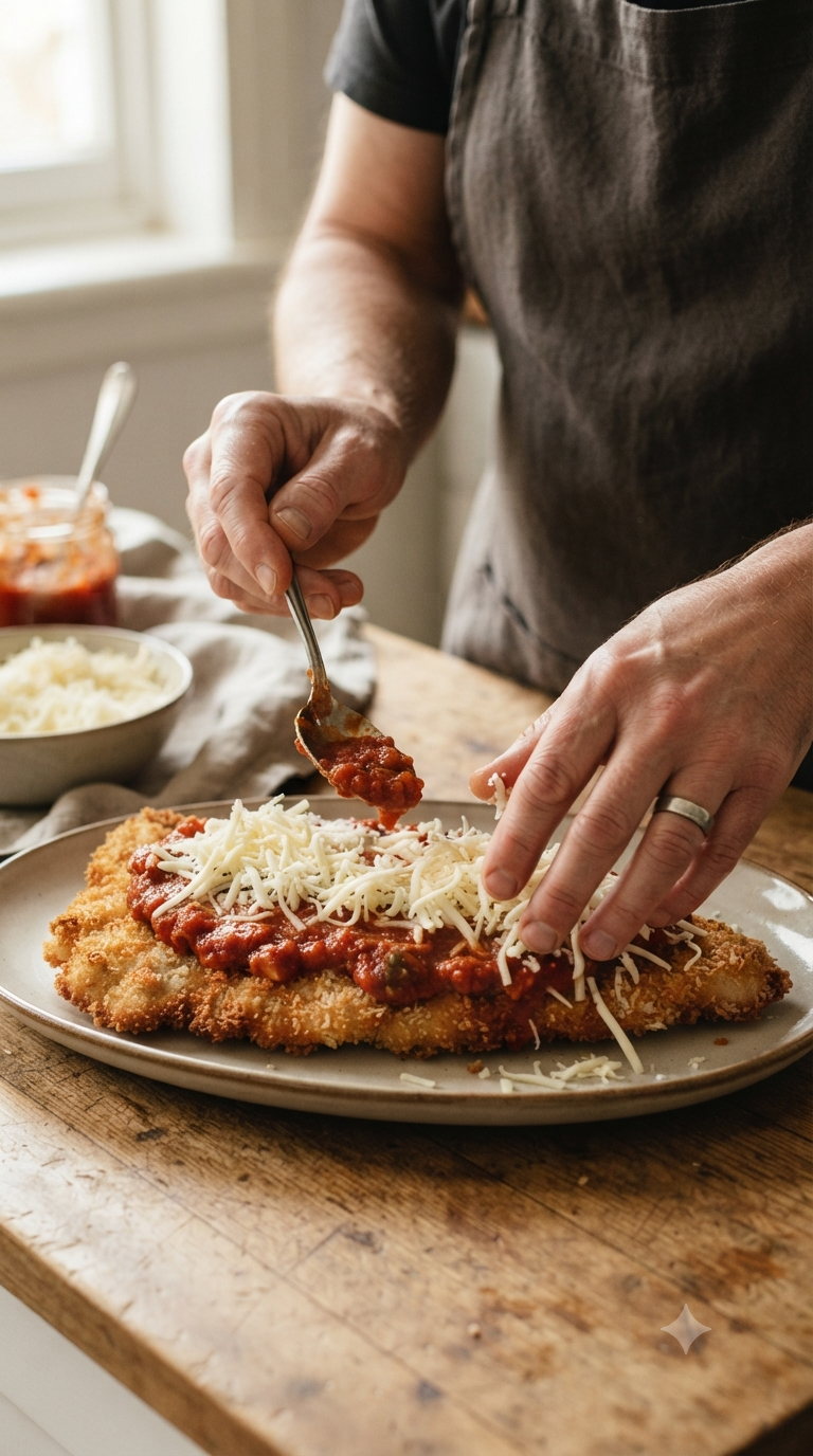 Mains nappant une escalope de poulet panée de sauce tomate et mozzarella râpée