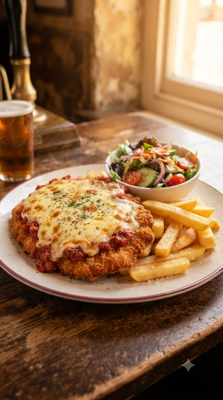Poulet parmigiana servi avec frites et salade, mozzarella fondue