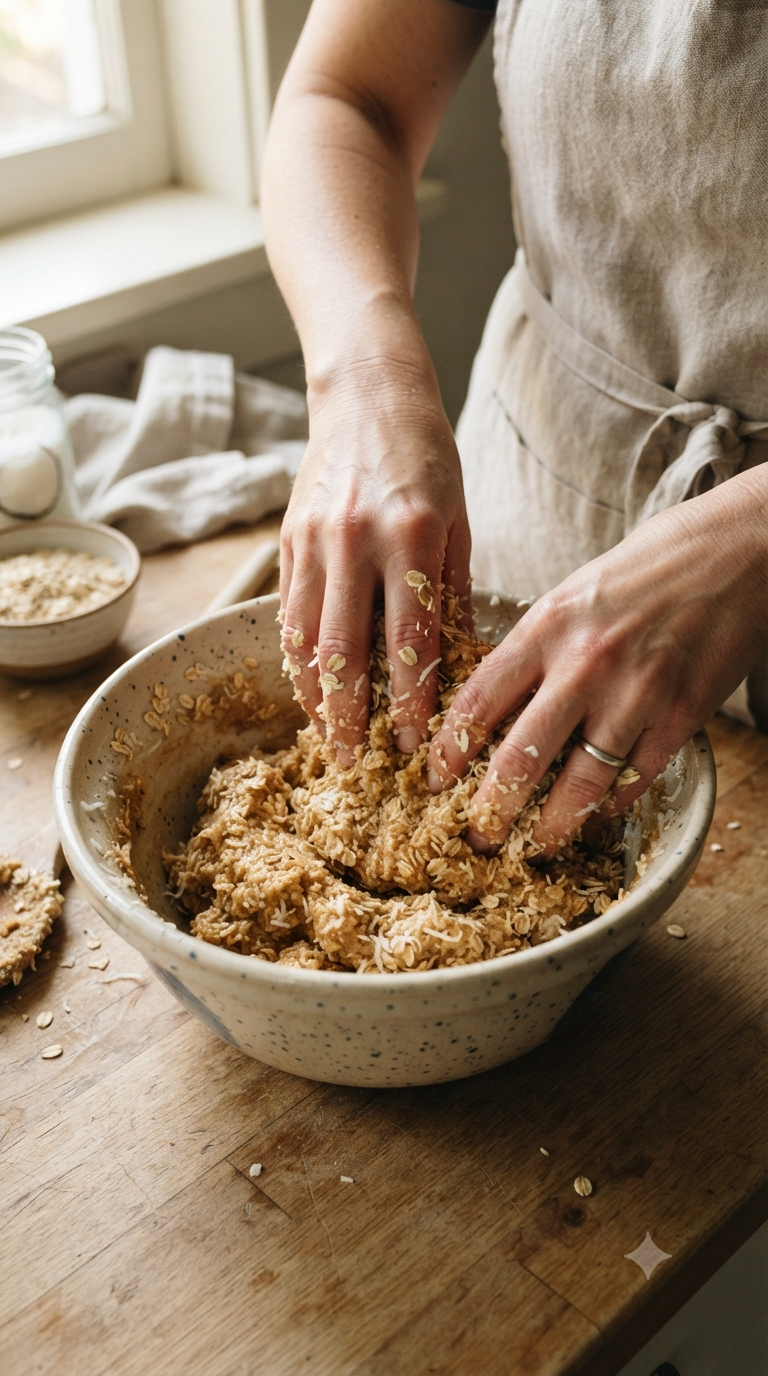 Mains mélangeant de l’avoine et de la noix de coco râpée dans une pâte à biscuit