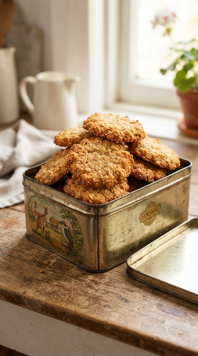 Biscuits Anzac dorés empilés dans une boîte en fer-blanc vintage