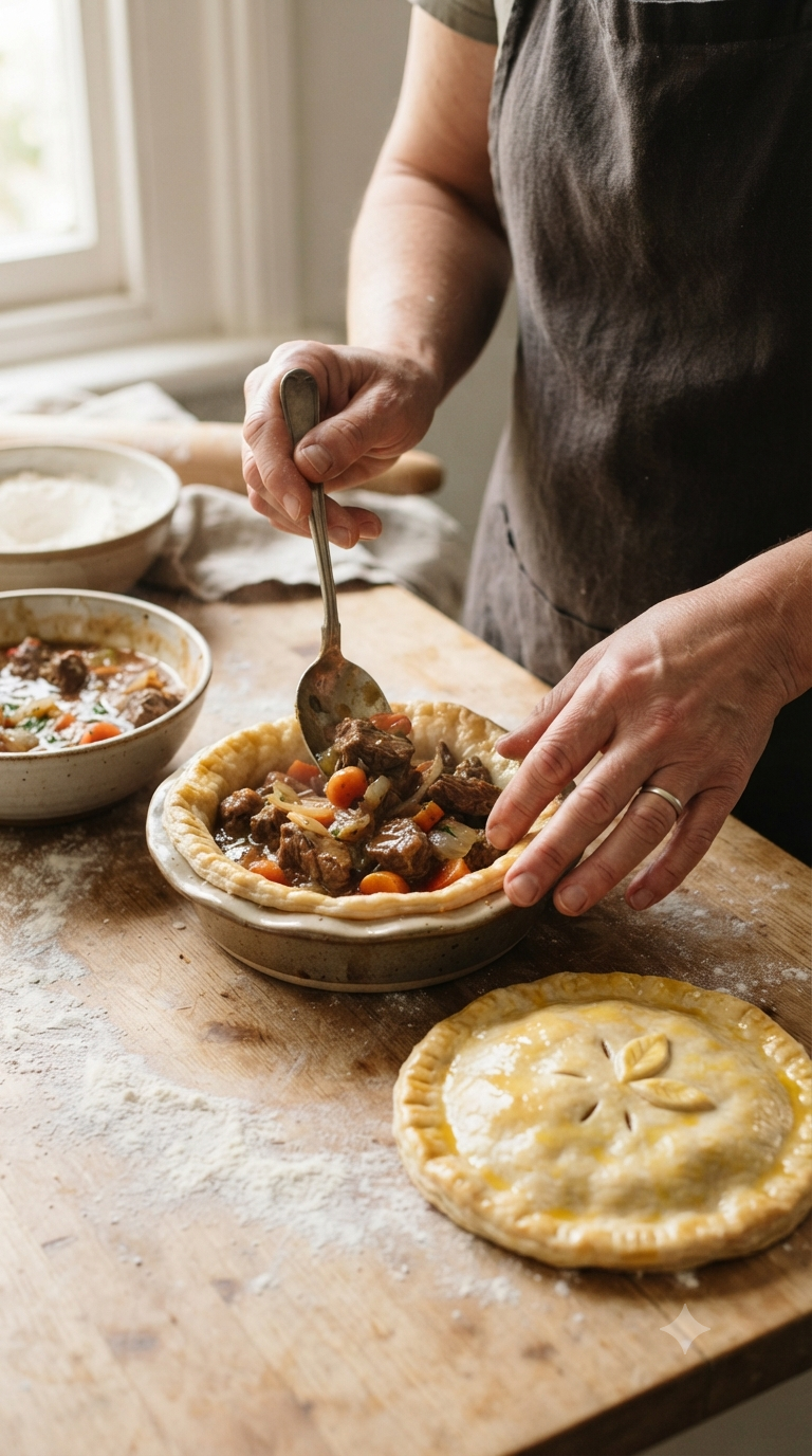Mains garnissant un fond de pâte feuilletée de bœuf mijoté avant de refermer la tourte