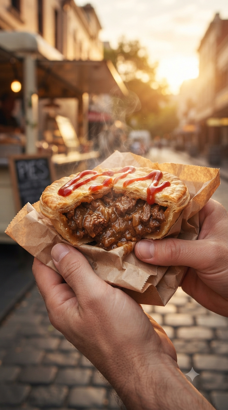 Tourte à la viande australienne coupée en deux, farce fumante