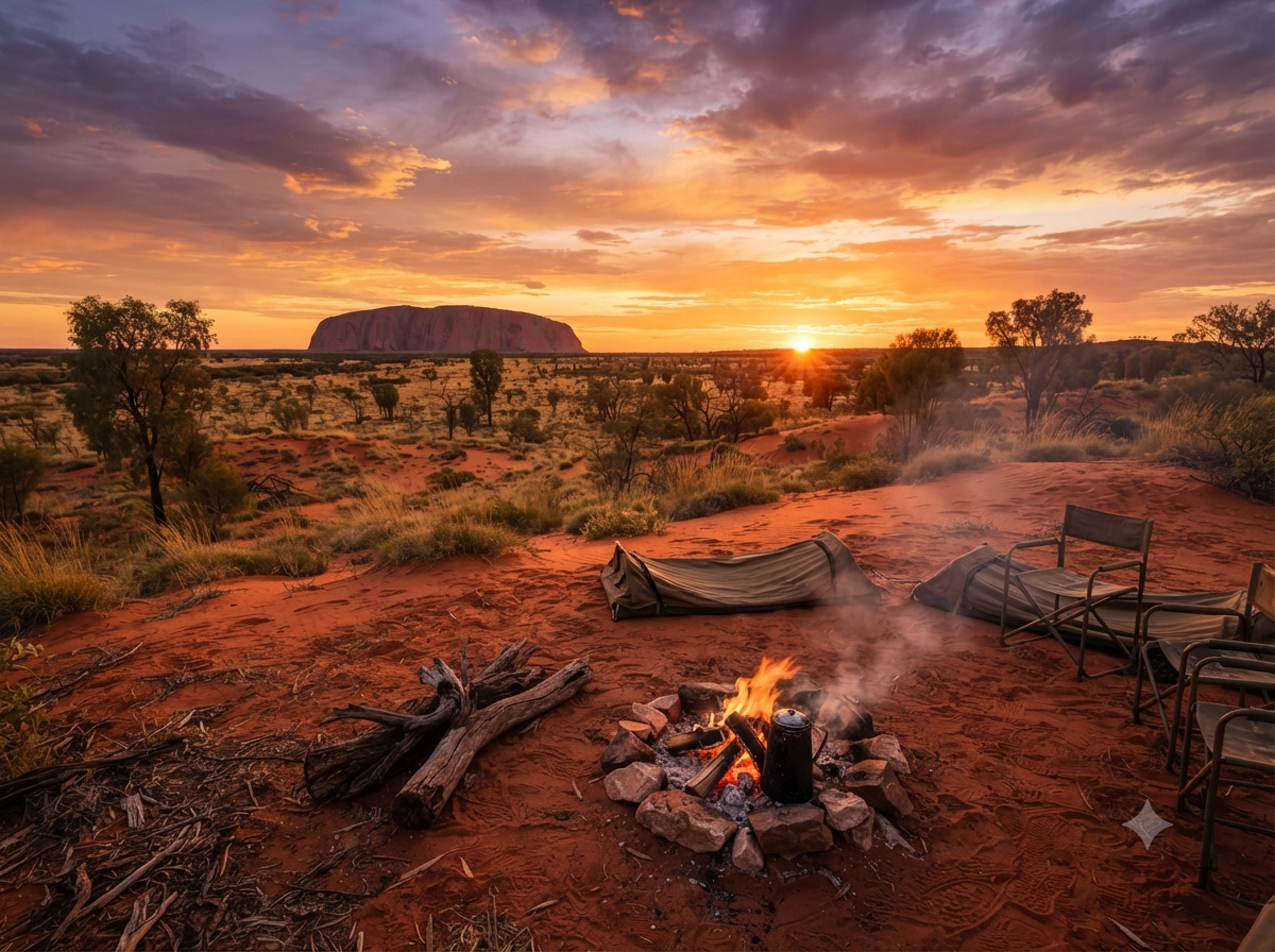 Désert de l’outback australien avec feu de camp au coucher du soleil